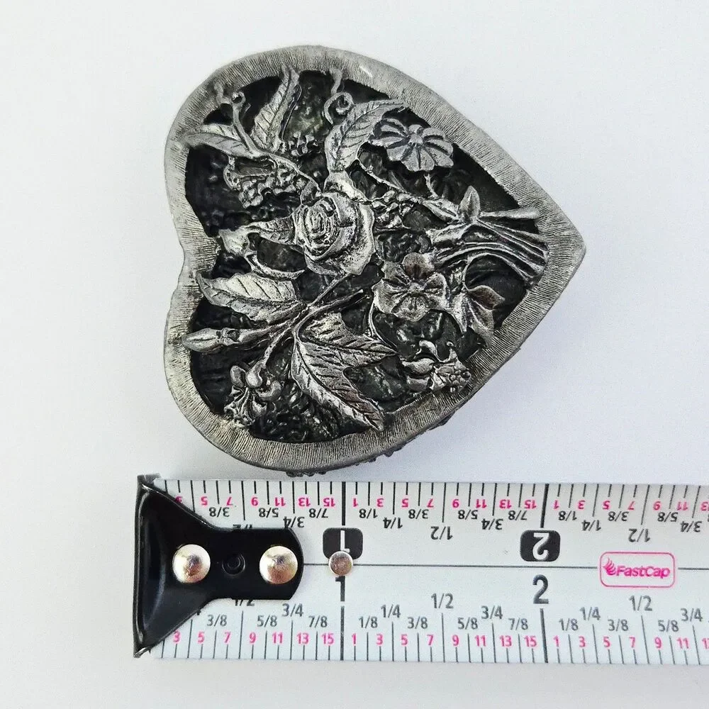 Vintage Metzke Heart Shape Pewter Trinket Jewelry Box Pewter Roses Floral 70s